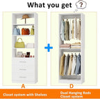 Closet System with 3 Drawers, 4FT Wood Closet Organizer System with 4 Hanging Rods&Adjustable Shevles, 81"Tall Modular Walk In Closet System, Standalone Closet System System, 2 Set,White