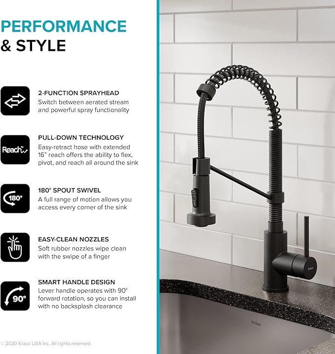 KRAUS Bolden Commercial Style 2-Function Single Handle Pull Down Kitchen Faucet in Matte Black, KPF-1610MB