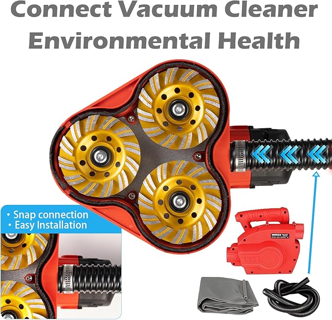 Electric Diamond Polisher Machine with Extendable Handle & Vacuum Port, 6-Speed Concrete Grinder for Dustless Floor and Wall Grinding, Epoxy, Paint, Stone, Cement, and Metal Surface Removal