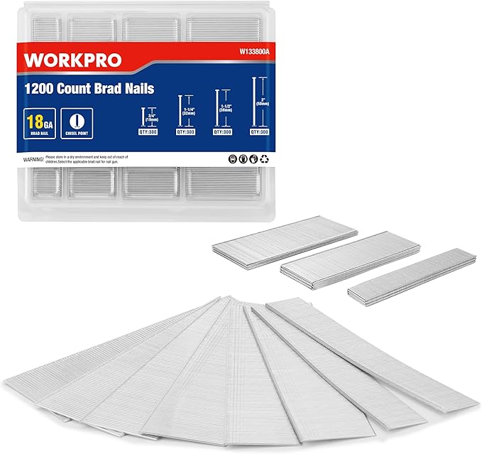 WORKPRO 1200 Count 18 Gauge Brad Nails, (2＂,1-1/2＂,1-1/4＂,3/4＂), Universal Brad Nail Gun Nails for Pneumatic & Electric Brad Nailers