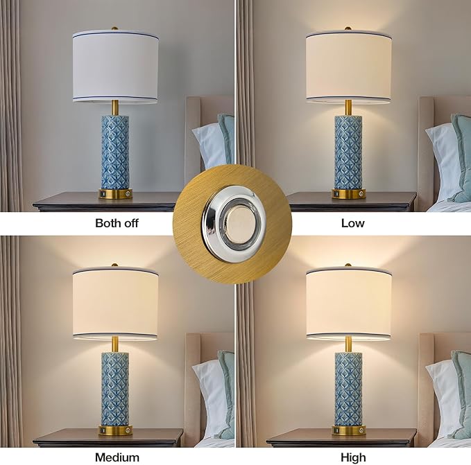 Set of 2 Table Lamp for Living Room Bedroom Farmhouse,26'' Touch Control Bedroom Aqua Blue Ceramic Lamps 3-Way Dimmable Bedside Lamps with USB A+C Ports Linen Shade for Home