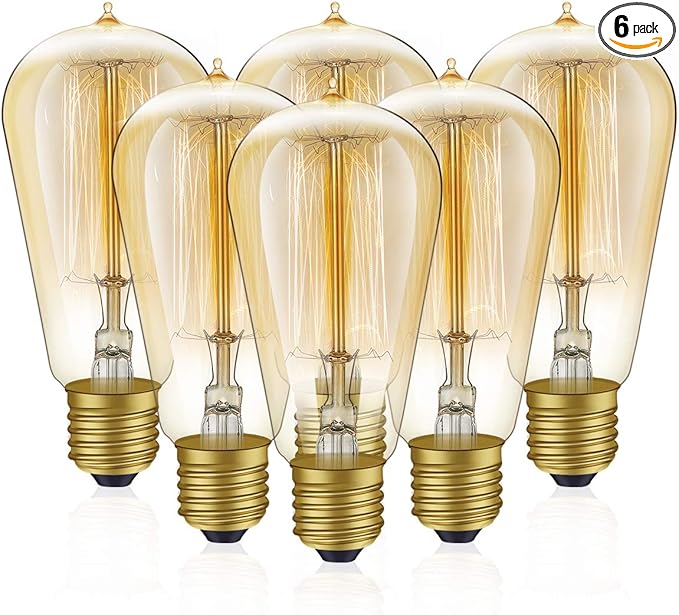 HESSION 6-Pack Edison Light Bulbs, 60w Vintage Edison Bulb, Squirrel Cage Filament Edison Bulbs, E26 Base - Amber Glass Warm White - Dimmable - ST58 Decorative Lightbulbs