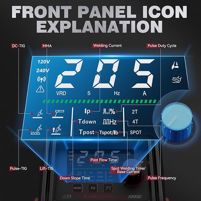 ARCCAPTAIN iControl TIG 205P Pro Welder With APP Control, 5 In 1 DC/Pulse/Lift/Spot TIG & Stick, Dual Voltage 120V/240V TIG Welding Machine With Large LED Display, 2T/4T, Smart Fan, Safety Protection