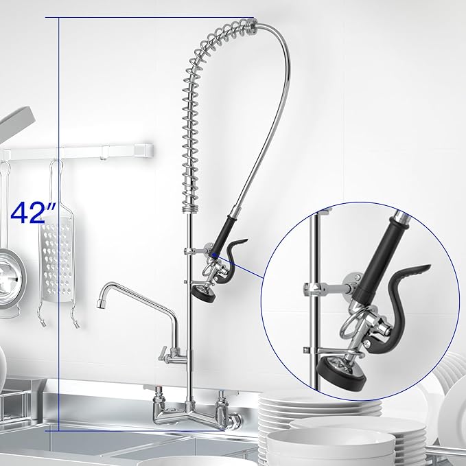 Commercial Kitchen Faucet 42" Height Wall Mount with Pull Down Sprayer 8" Center Wall Mount Kitchen Sink Faucet with 14" Add-on Swing Spout Pre Rinse Faucet for Commercial Kitchen Sink