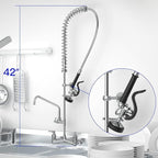 Commercial Kitchen Faucet 42" Height Wall Mount with Pull Down Sprayer 8" Center Wall Mount Kitchen Sink Faucet with 14" Add-on Swing Spout Pre Rinse Faucet for Commercial Kitchen Sink