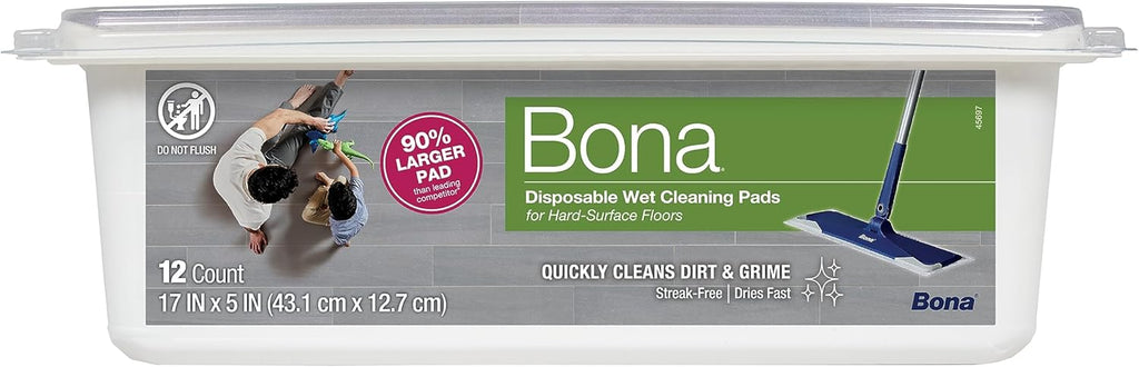 Bona Multi-Surface Floor Disposable Wet Cleaning Pads 12-Count Residue-Free Floor Cleaning Solution for Stone, Tile, Laminate, and Vinyl Floors (Pack of 6)
