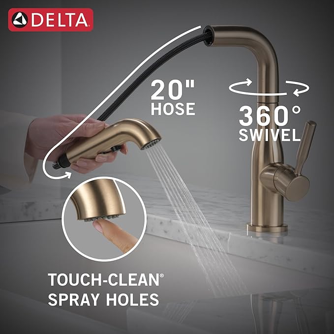 Delta Almari Brushed Gold Kitchen Faucet with Pull-Out Sprayer, Modern Single Hole Kitchen Sink Faucet, Single Handle, Champagne Bronze 16943-CZ-DST