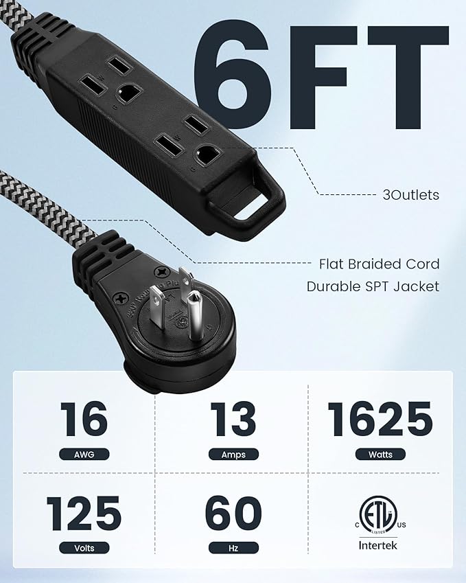 SURAIELEC 6FT Flat Extension Cord with 360° Rotating Plug, Braided Flat Plug with 3 Outlets, 16 AWG Thin Black Extension Cord for Indoor Use, Home, Office, Compact Spaces, ETL Listed