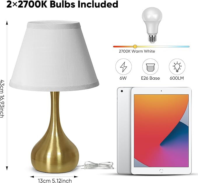 Touch Table Lamp for Bedroom Set of 2, 3-Way Dimmable Bedside Lamp for Nightstand, 17” Modern Metal Desk Lamp with Linen Shade for Living Room, Kids Reading, Dorm, Home Office Decor, Bulb Included