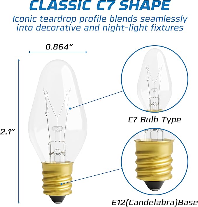 OHLECTRIC Night Light Bulbs (24 Pack – Clear), 7 Watt Mini Bulbs – E12 Candelabra Base, Non-Dimmable, 120 Volts – C7 Night Light Lamp Replacement Bulb for Salt Lamps, Window Candles, Holiday Decor
