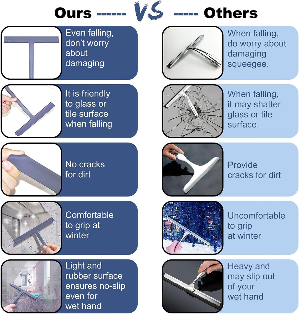 Squiggy for Shower Glass, Richmirth 9" Shower Glass Cleaner Squeegee Silicone Shower Squeegee for Bathroom Mirror Tiles Car Window - Blue