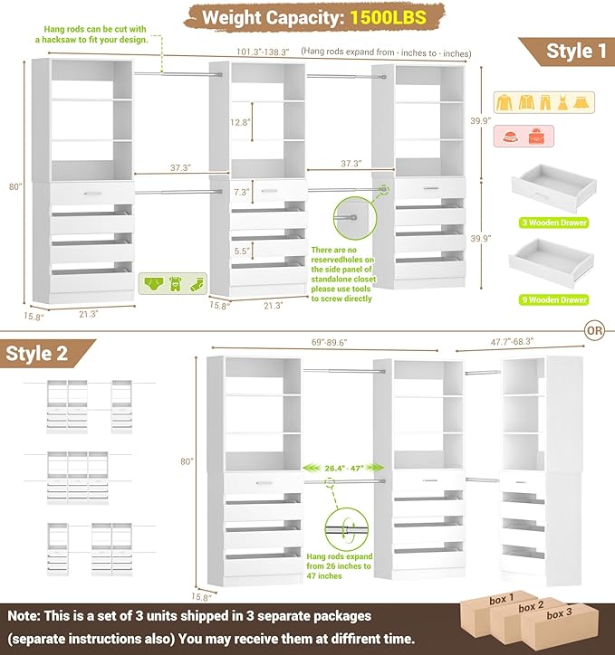 Aheaplus Closet System with 12 Drawers, 8.5-11.5Ft Wood Closet Organizer System with 4 Hanging Rods & 3 Towers, 4Ft & 6Ft L-Shaped Walk-in Closets Wardrobe Organizer Clothes Rack, Set of 3, White1