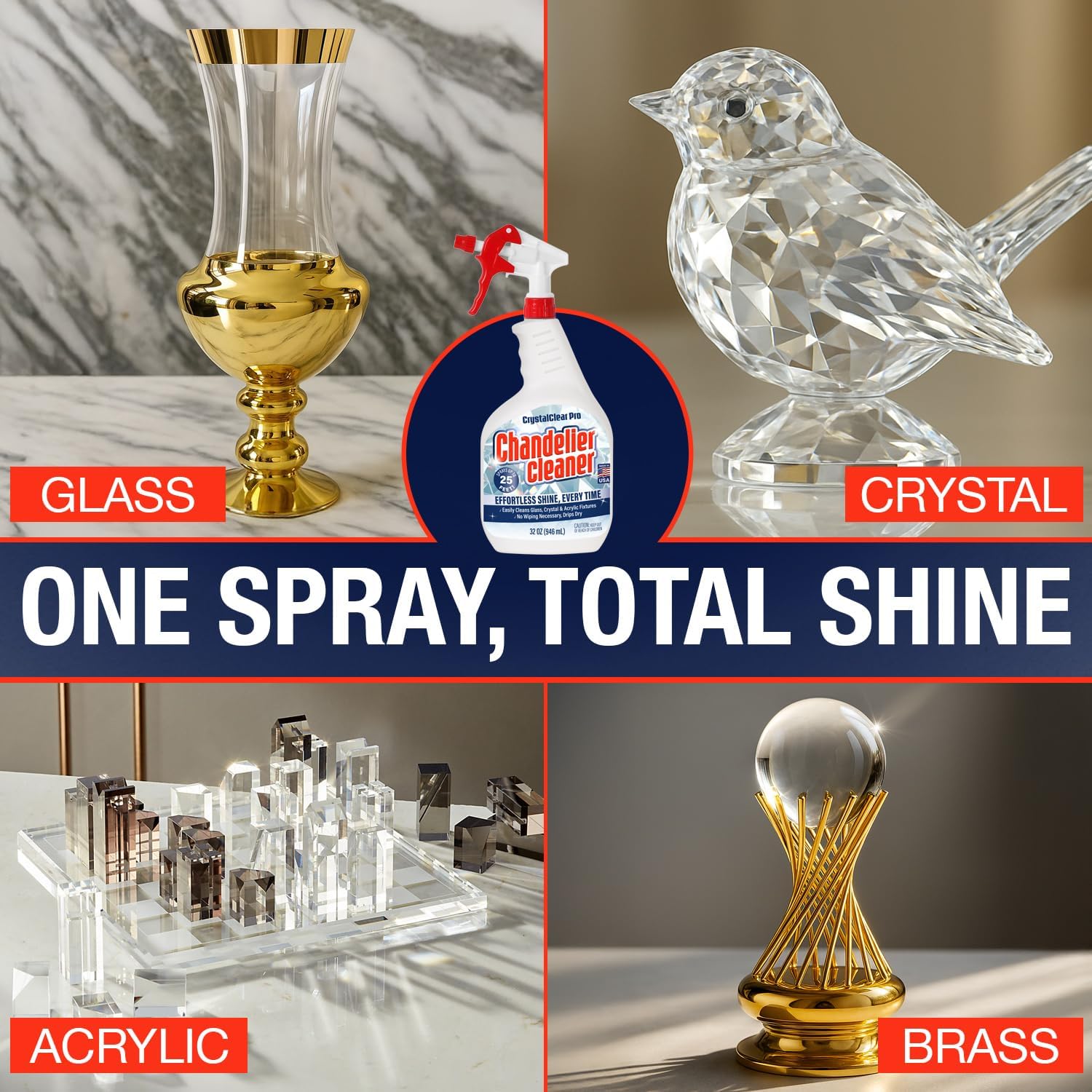 Chandelier Cleaner Drip Dry Spray - No Wipe Formula for Effortless, Streak-Free Shine on Crystal, Glass & Brass - Sprays up to 25 feet! Biodegradable, Non-Toxic & Time-Saving, 32 oz - Made in USA