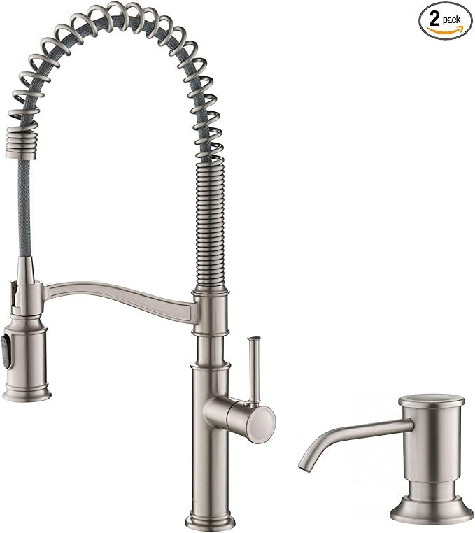 KRAUS Sellette Commercial Style Spot Free Stainless Steel Single Handle Pull-Down Kitchen Faucet with Deck Plate and Soap Dispenser, KPF-1683SFS-KSD-80SFS