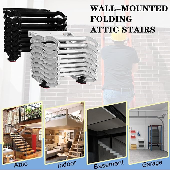 6 Steps Wall Mounted Attic Ladder, Indoor Attic Stairs Pull Down System, Metal Telescoping Step Ladders, Anti-slip Retractable Folding Stair, Loft Extension Steps Staircase for Garages(black, 6 Steps)