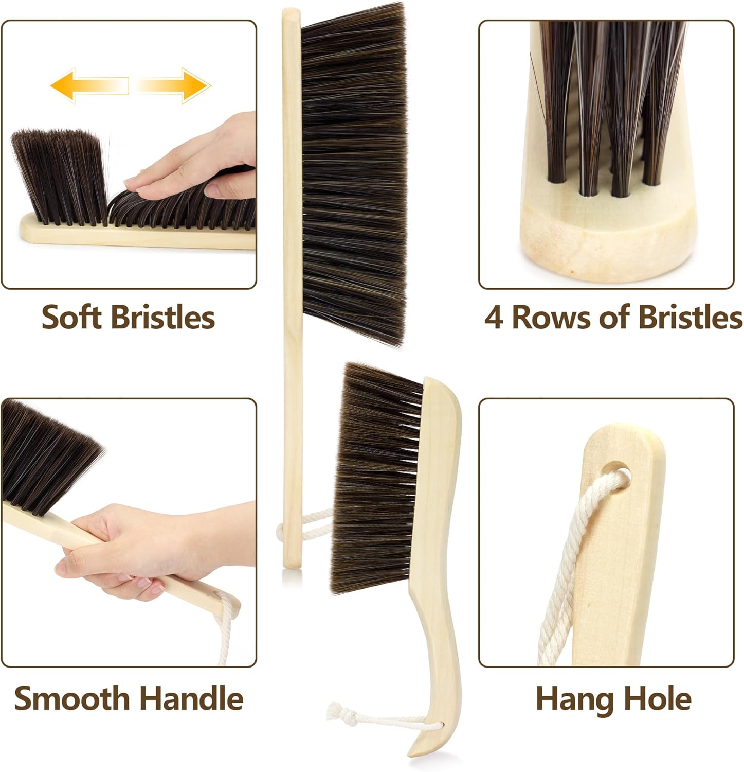 Handheld Dusting Cleaning Brushes Wood Handle Soft Bristle Small Broom, for Clean Dust, 2 Pack, Brown