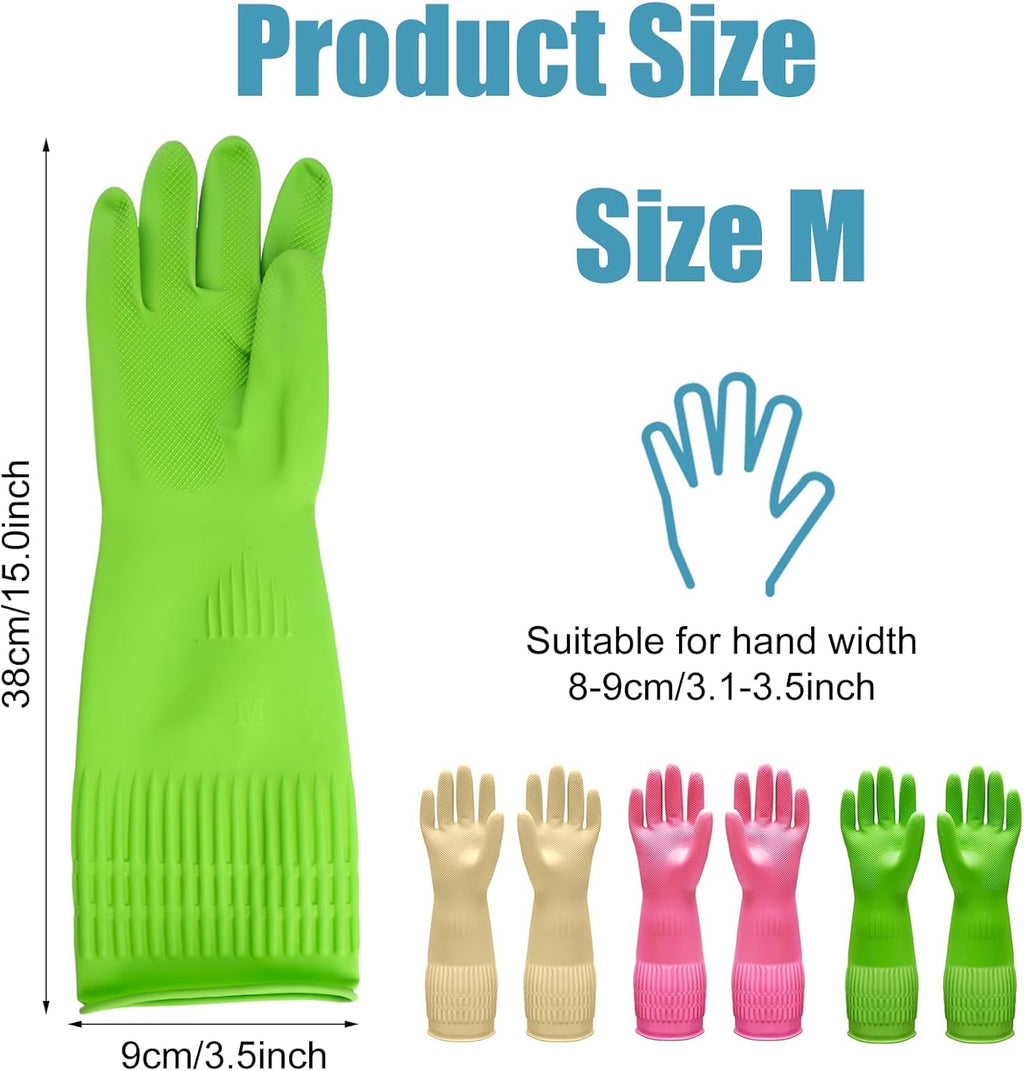 Rubber Dishwashing Gloves, 3 Pairs Reusable Gloves for Dishwashing, Non-Slip Kitchen Glove, Water Resistant Household Glove for Kitchen Bathroom (Medium, Green+Pink+Yellow)