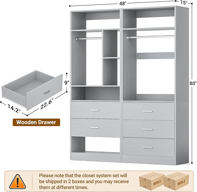 4FT Closet Systems with 5 Wood Drawers, 48 Inch Closet Organizer System with 2 Hanging Rods & 7 Shelves, Heavy Duty 48" Walk-in Closet, Grey (48"L x 15" W x 80" H)