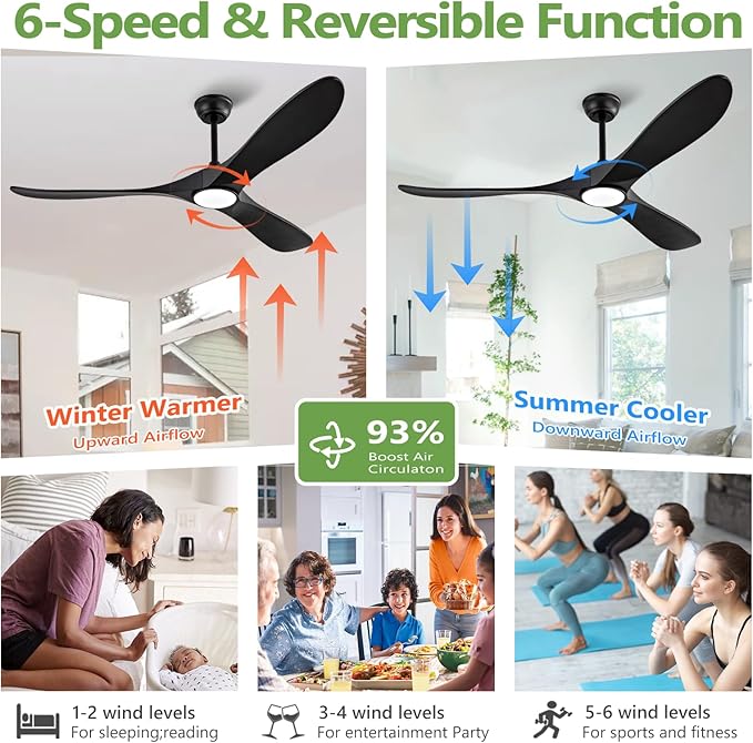 60 Inch Black Ceiling Fans with Lights and Dimmable Mordern, Outdoor Ceiling Fan with Lights High CFM Quiet 3 Blades Propeller Wood Ceiling Fan for Patio,Porch,Farmhouse,Gazebo