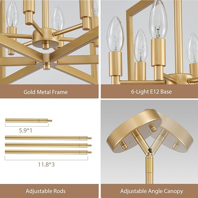 Gold Chandelier Modern Geometric 6-Light, Farmhouse Dining Room Light Fixture Over Table Kitchen Island Lighting Fixtures Metal Hanging Pendant Lighting, E12