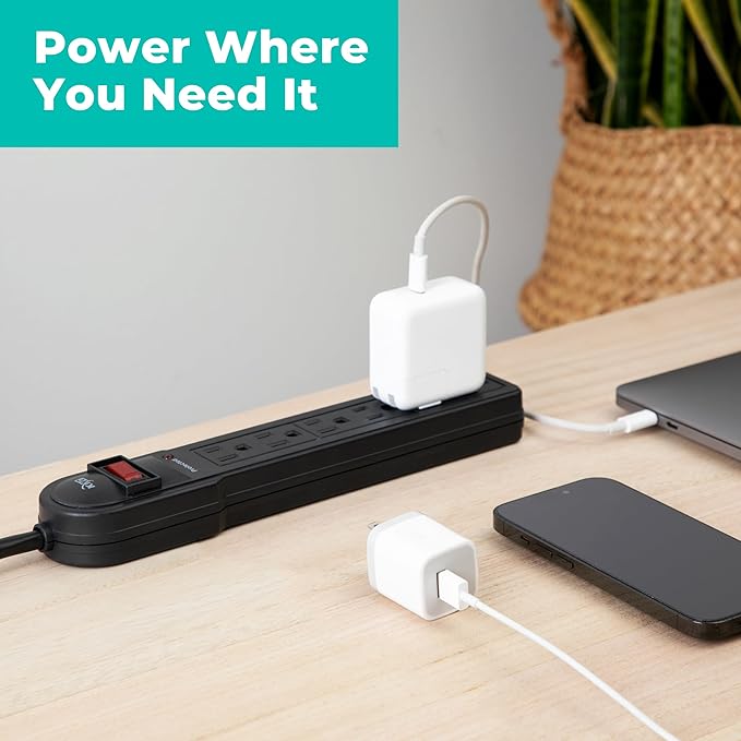 KMC 6-Outlet Surge Protector Power Strip 2-Pack, 900 Joules, 4-Foot Extension Cord, Overload Protection, Black