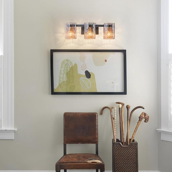 EDISLIVE Vintage Bathroom Vanity Light Black 3-Light Bath Wall Light Fixture with Ripple Block Shades Glass 23.6" E12 Antique Wall Sconce for Bedroom Hallway Living Room Vanity Mirror