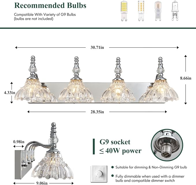 Vintage Bathroom Vanity Light, 4-Light Chrome Vanity Lighting Fixture with Flower Glass Shade, Bathroom Lighting Fixtures Over Mirror