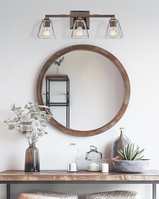 Farmhouse Bathroom Light Fixtures, HWH 3-Light Vanity Light Fixture Over Mirror, Industrial Wall Sconce Lighting with Square Bell Glass Shade, Oil-Rubbed Bronze Finish, 5HY68B-3W ORB
