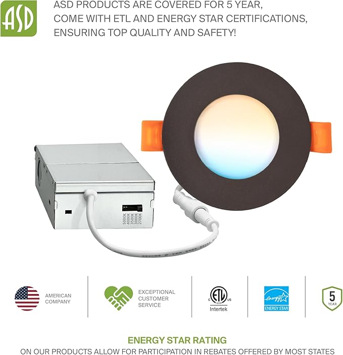 ASD 6 Pack 3 Inch LED Recessed Light 6W, 5 CCT 2700K-5000K CRI90+, IC Rated Ultra Thin Dimmable Ceiling Lights with J Box, Canless Wafer Downlight, Round Slim Panel Lighting, Energy Star ETL, Bronze