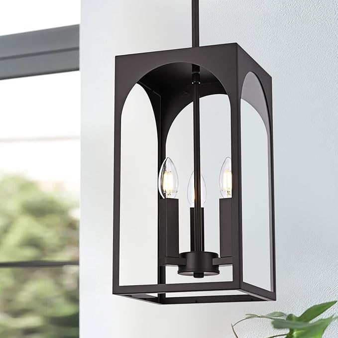 VINLUZ Modern Oil Rubbed Bronze Chandelier 3 Light Dining Room Light Fixture with Clear Glass Shade Industrial Outdoor Pendant Lights for Entryway Hallway Porch