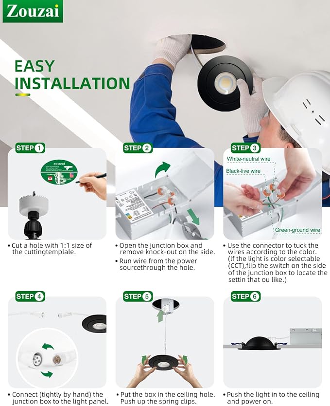 zouzai 4 inch 5CCT Gimbal Black LED Recessed Lights, 360°+90° Adjustable, Dimmable (2700K-5000K), Retrofit Eyeball Lights with Jbox, ETL Listed, Ideal for Home, Commercial & Display, 6 Pack