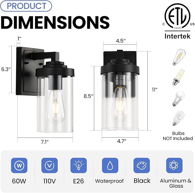 Outdoor Indoor Wall Sconce Set of 2, Modern Exterior Wall Lantern with Clear Glass, Black Outside Lighting Wall Mount for Porch Patio Bathroom Vanity