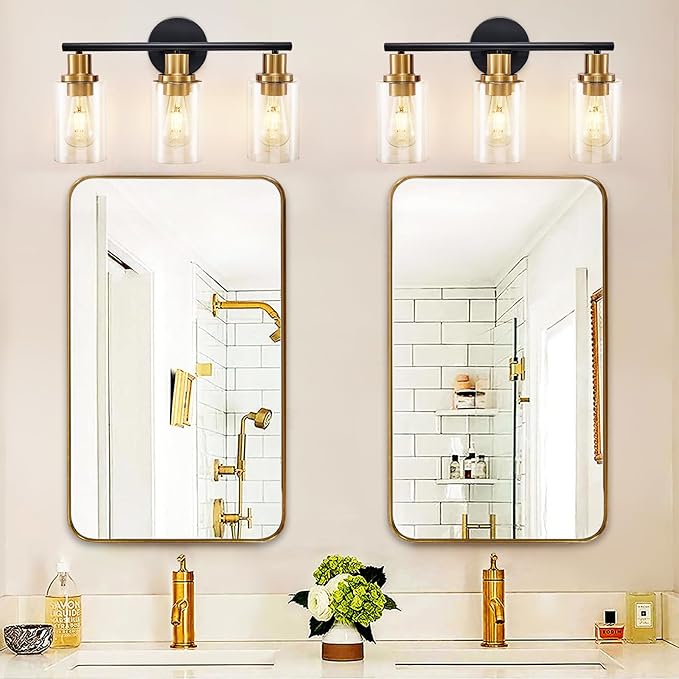 DLLT 3-Light Bathroom Light Fixtures: Black and Gold Modern Vanity Lights with 3 E26 Bulbs - Clear Glass Shade Bathroom Wall Lamp for Mirror Kitchen Living Room Hallway Cabinet Porch