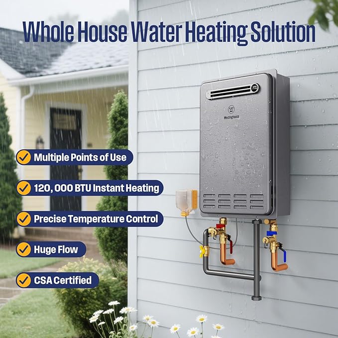 Westinghouse Tankless Water Heater Propane Outdoor Installation Max 5.1 GPM 120,000 BTU, Temp Self Modulating Non Condensing High Efficiency Water Heater for House or Commercial, APOLO Performance