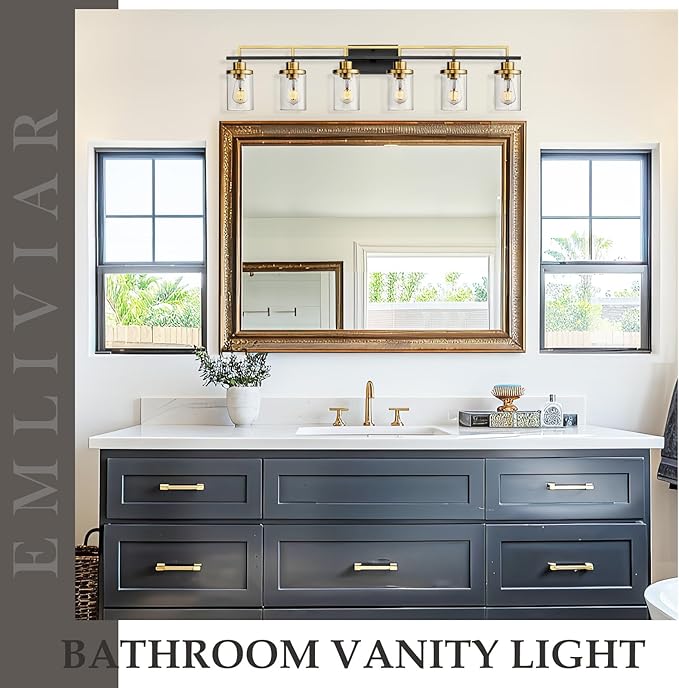 Emliviar Large 6-Light Farmhouse Bathroom Sconces Wall Lighting for Living Room, Modern Vanity Light Over Mirror with Clear Glass Shades, Black and Gold Finish, YCE238B-6W BK+BG