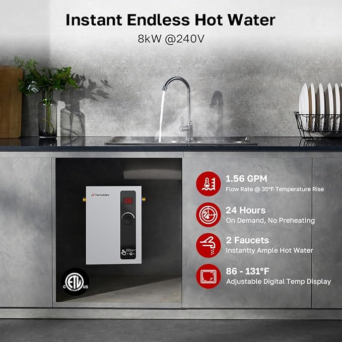Tankless Water Heater Electric, ThermoMate 8kW at 240 Volt, On Demand Instant Hot Water Heater for Point of Use, Self-Modulating Save Energy, Save Space, 1.56GPM at 35°F Rise