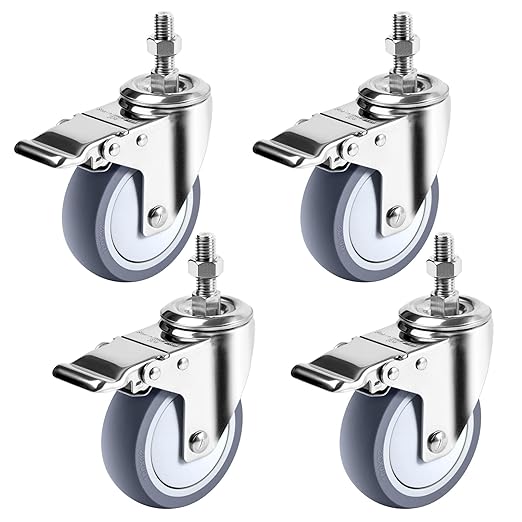 Stainless Steel Caster Wheels 4 inch, 3/8"-16x1 Threaded Stem Locking Casters Set of 4, Non-Marking Slient TPR Rubber Wheels for Furnitures,Restaurants,Labs,Hospitals
