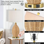 Touch Control Rattan Table Lamps, 3 Way Dimmable Bedside Lamps for Bedroom Set of 2 with 2 USB Ports and AC Outlet, Gold Wicker Nightstand Lamps for Living Room Office (LED Bulbs Included)
