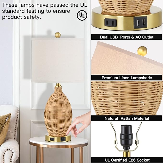 Touch Control Rattan Table Lamps, 3 Way Dimmable Bedside Lamps for Bedroom Set of 2 with 2 USB Ports and AC Outlet, Gold Wicker Nightstand Lamps for Living Room Office (LED Bulbs Included)