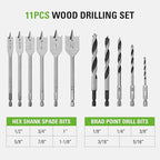 Greenworks 11 Pcs Wood Drilling Set for Woodworking, Plywood, Particle board, Fiberboard (Including Hex Shank Spade Bits & Brad Point Drill Bits)