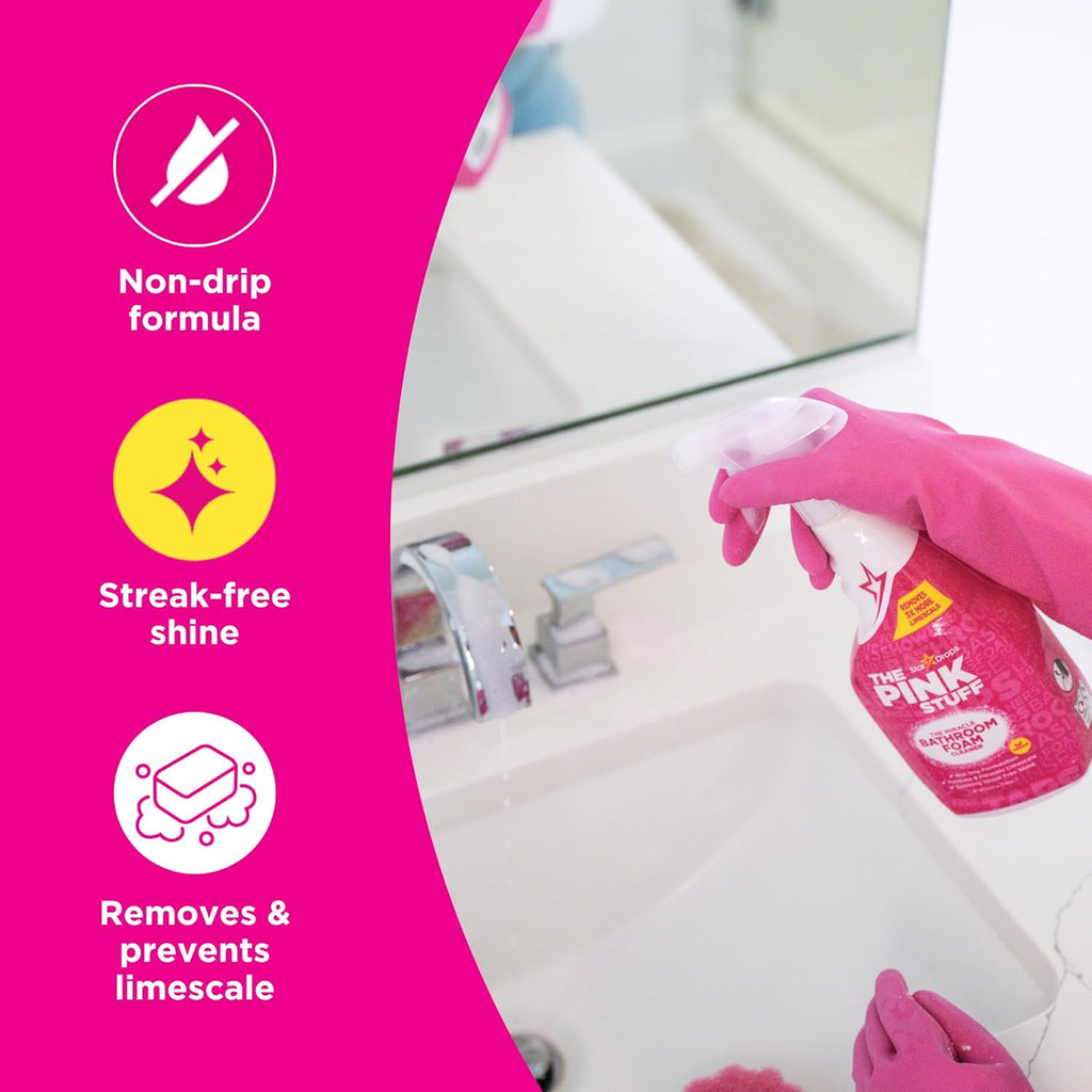 The Pink Stuff Miracle Bathroom Foam Cleaner, 30 fl oz – Now 20% More! Powerful Foaming Action for Showers, Sinks, Tubs & Tiles – Removes Soap Scum, Limescale & Grime with Ease (Pack of 2)