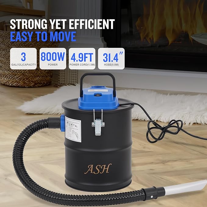 Ash Vacuum Cleaner -3.2 Gallon Fireplace Ash Vac with 800w Powerful Hose Non-Woven Dust Separator | Dry Stove Vacuum for Fireplaces Pellet Grill Wood Stove Fire Pits Blue