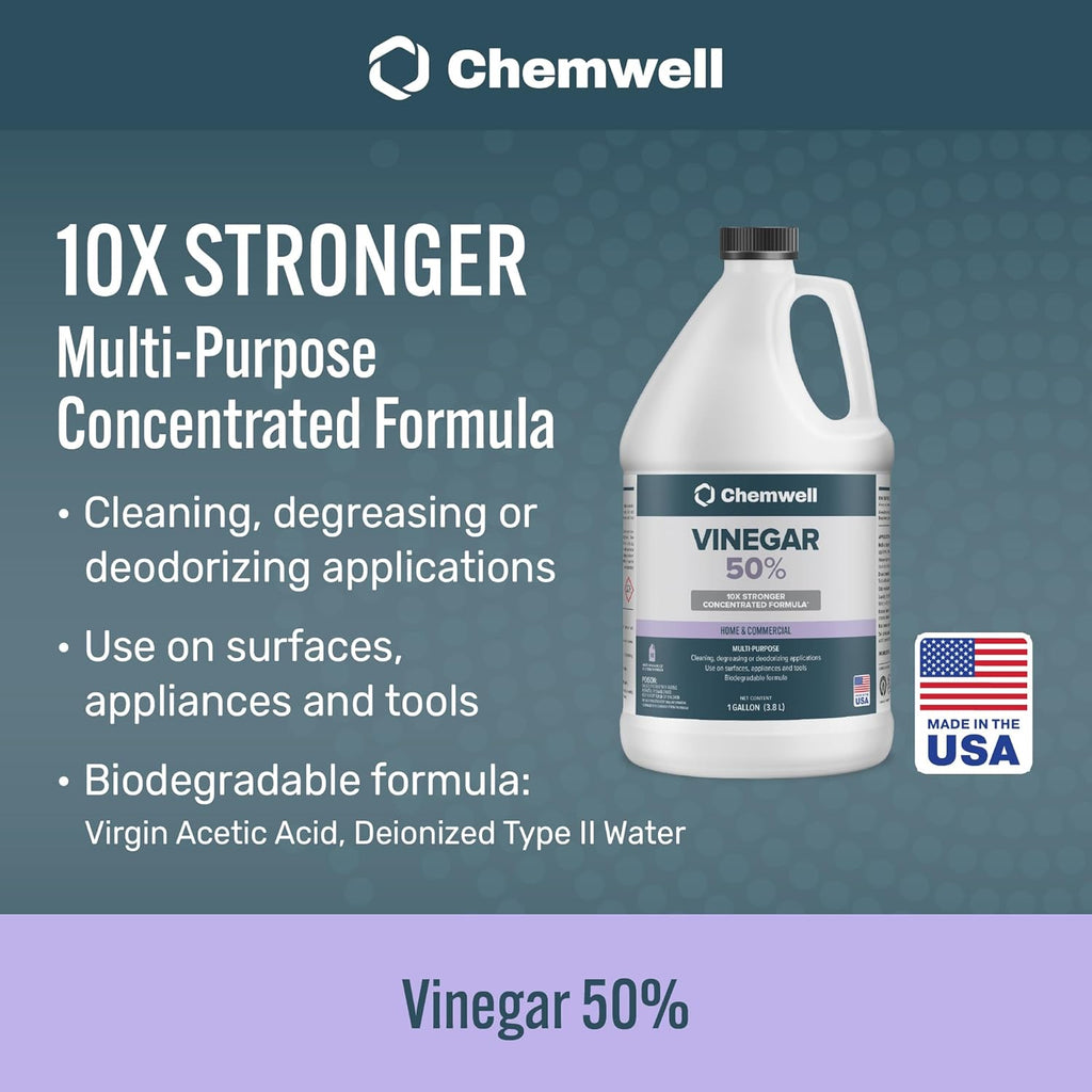 50% Vinegar (2 Pack, 1 Gallon) - General Purpose All-Natural Multi-Surface Cleaner for Home, Patio & Commercial - High Performance, Powerful Concentrated Acetic Acid - Made in USA