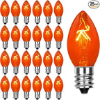 25 Pack C7 Replacement Bulbs, C7 Clear Orange Light Bulbs, C7/E12 Candelabra Base, Orange Halloween Light for Outdoor String Lights Christmas Halloween Patio Party
