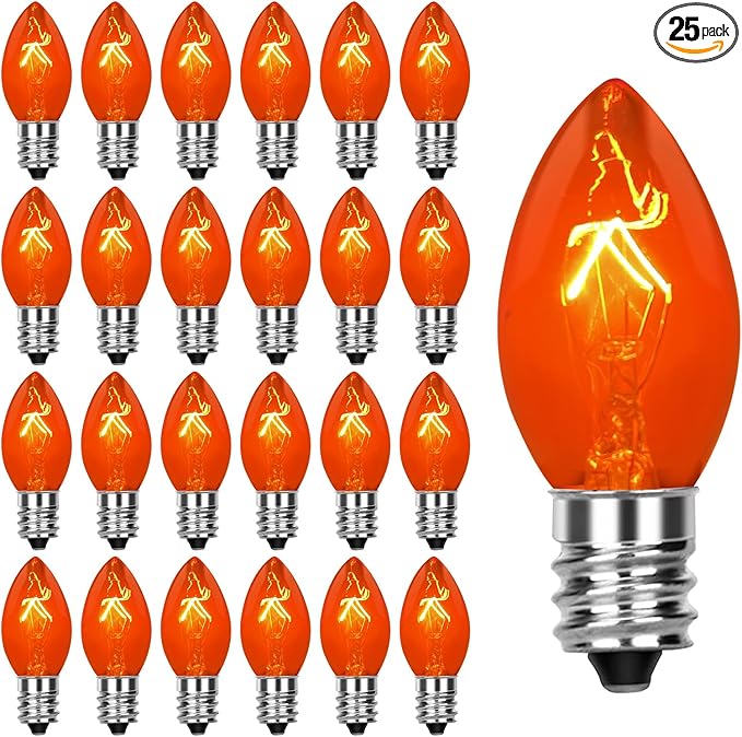 25 Pack C7 Replacement Bulbs, C7 Clear Orange Light Bulbs, C7/E12 Candelabra Base, Orange Halloween Light for Outdoor String Lights Christmas Halloween Patio Party