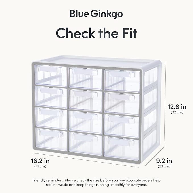 Blue Ginkgo Large 12-Drawer Cabinet – Stackable Clear Organizer for Hardware, Beads, Plastic Bricks, Office, and Craft Storage (Made in Korea, Gray)