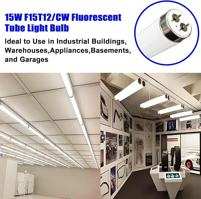 T12 15 Watt Fluorescent Bulb, 18 Inches F15T12/CW Straight Fluorescent Tube, Medium Bi-Pin Base, Cool White 4000K 800 Lumens 4 Pack