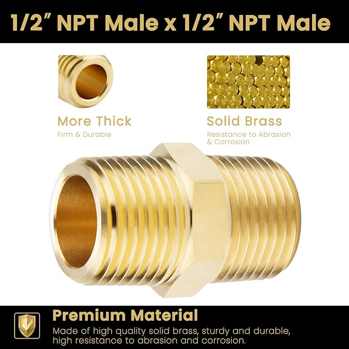 KOOTANS 1/2 NPT x 1/2 NPT Male Solid Brass Hex Nipples, Heavy Brass Pipe Adapter Fittings Equal Nipples Connectors 4Pieces