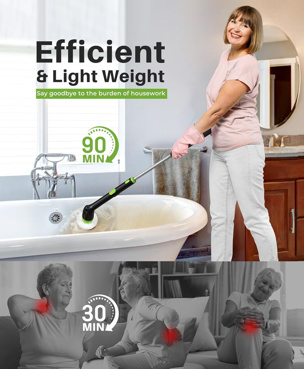 LyriFine Electric Spin Scrubber, 2024 New Full-Body IPX7 Waterproof Bathroom Cleaner Brush, Shower Scrubber with Long Handle & 2 Speed, Heads Replacement, Cleaning Supplies for Tub Shower Tile Floor