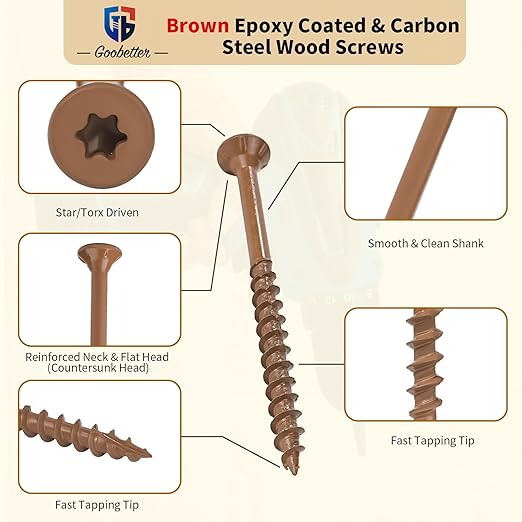 Deck Screws 2 1/2 inch, 500 Pcs Wood Screws #9 x 2-1/2", Rust Resistant, Construction Fence Exterior Screws, Torx Head Drive, 2 Pcs T25 Star Bits Included, Brown